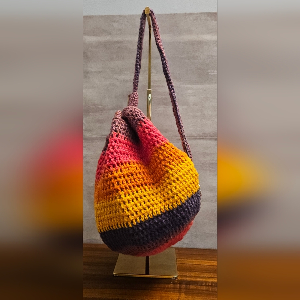 Crochet Drawstring Backpack - Pink & Orange - Picture 2 of 6